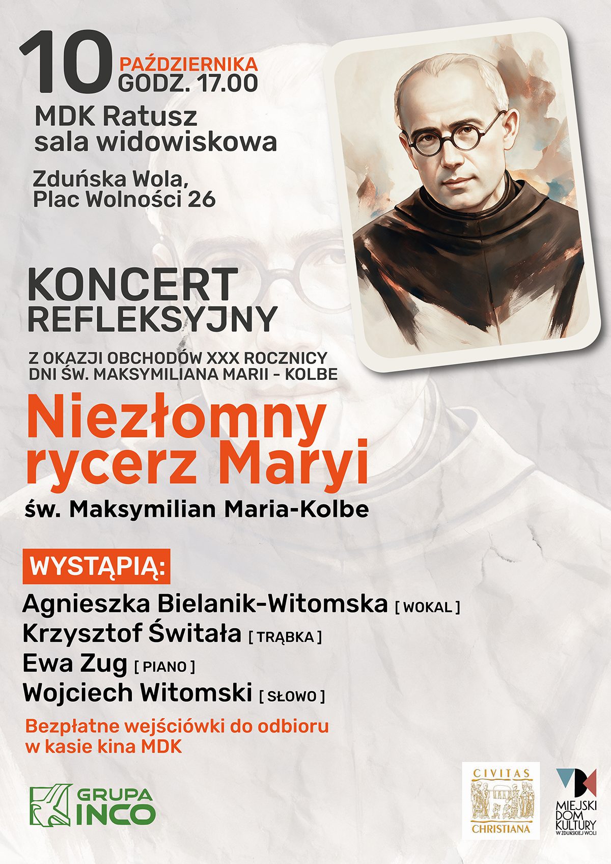 Koncert pt. ,,Niezłomny rycerz Maryi - Święty Maksymilian Maria Kolbe" 10 października, godz. 17.00