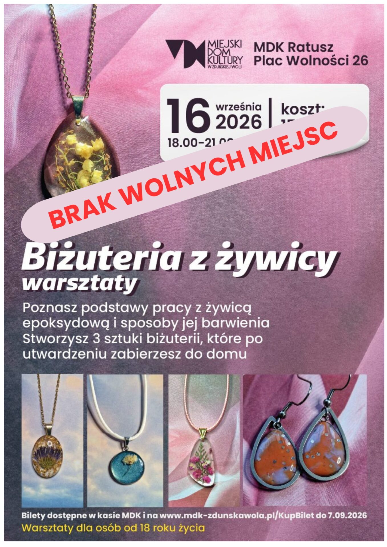 brak wolnych miejsc na warsztaty z biżuterii, które odbędą się 16 września