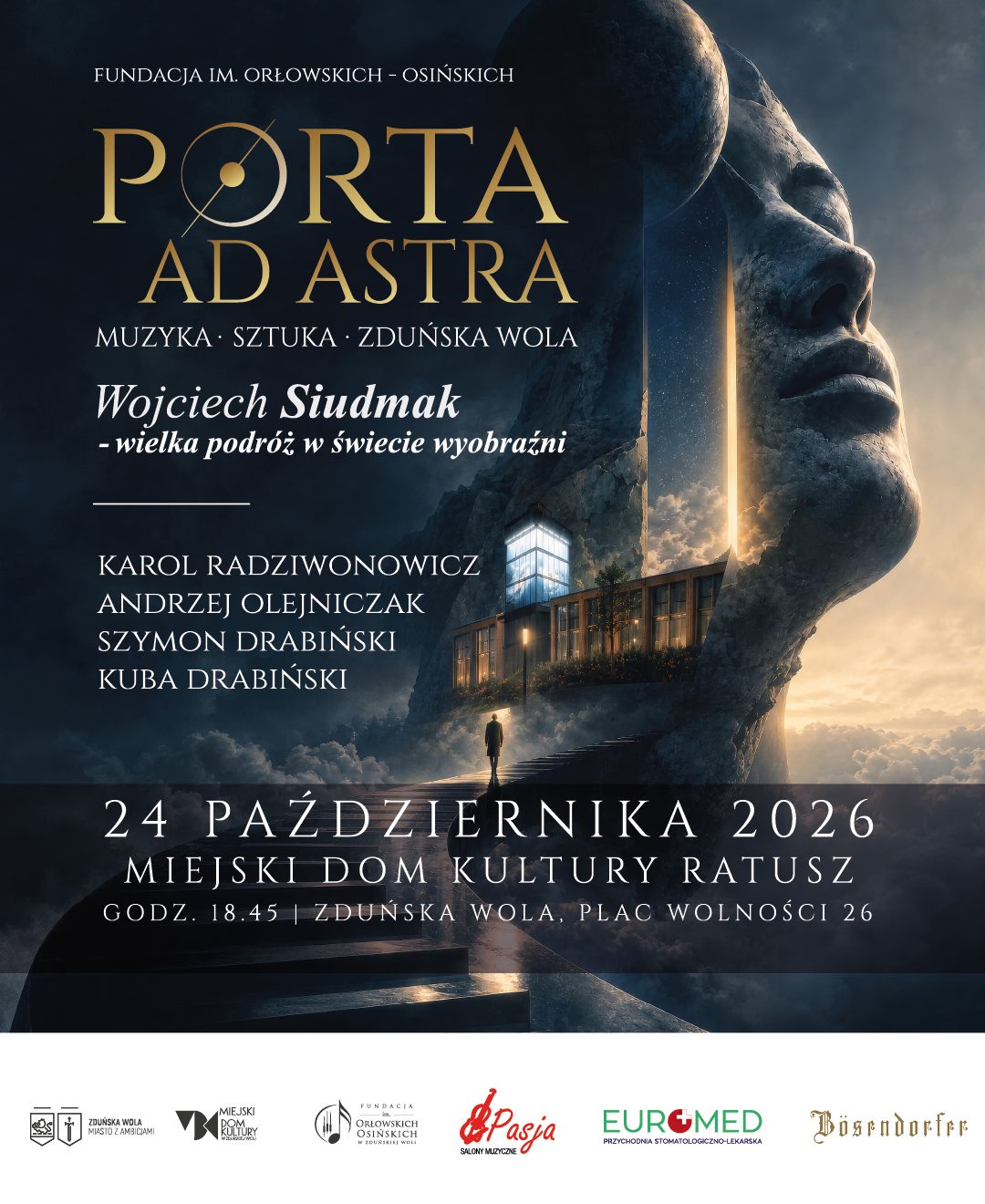 Plakat wydarzenia „Porta ad Astra” z udziałem Wojciecha Siudmaka, które odbędzie się 24 października 2026 r. w Miejskim Domu Kultury Ratusz w Zduńskiej Woli.
