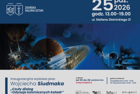 niebieska grafik zaprasza do odwiedzania wystawy w Zduńskiej Galerii Sztuki, wystawa prac Wojciecha Siudmaka, zapraszamy od 25 października