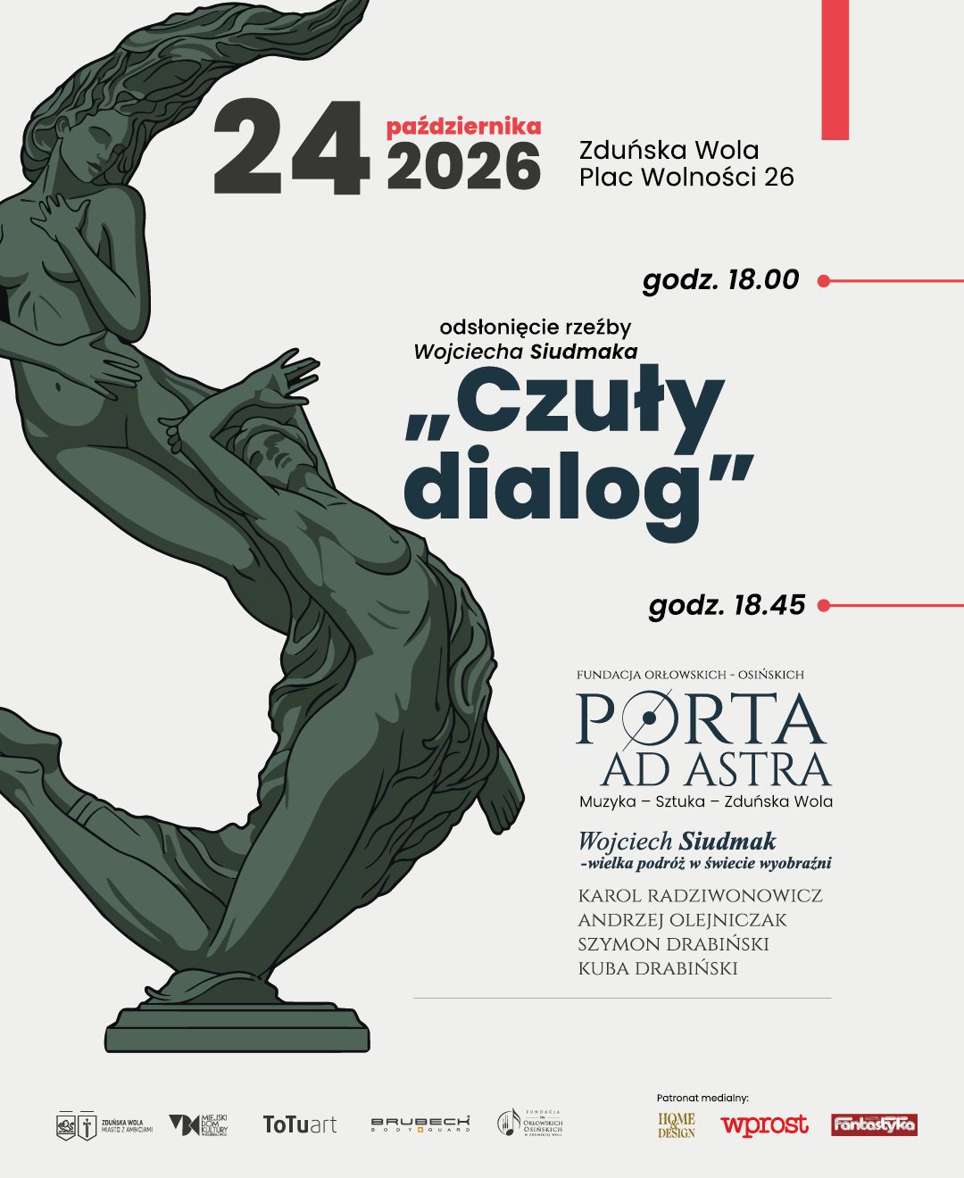 Plakat zapowiadający odsłonięcie rzeźby Wojciecha Siudmaka pt. „Czuły dialog” w Zduńskiej Woli 24 października 2026 r.
