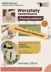 grafika dotyczy warsztatów ceramicznych, które odbędą się w maju w MDK
