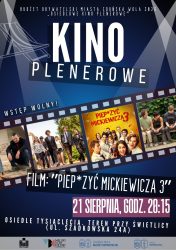 niebieska grafika z białymi napisami dotyczy osiedlowego kina plenerowego na osiedlu tysiąclecia 21 sierpnia godz.20.15
