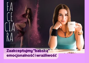 fioletowy plakat, na nim kobieta w bluzce bez rękawów, bluzka błękitna jak morze, w ręku trzyma kubek, plakat zaprasza na warsztaty dla kobiet, które odbędą się 28 marca o godzinie 17.30