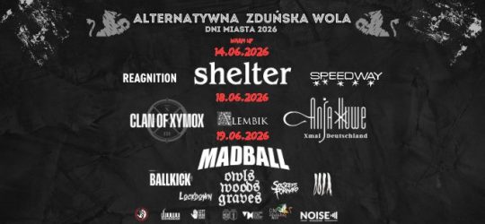 czarne tło na nim białe napisy dot. Alternatywnej Zduńskiej Woli i zespołów, które wystąpią