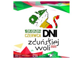 białe tło, na nim lew zielono-biało-czerwono- zółty, lew jest symbolem miasta, grafika informuje o Dniach Zduńskiej Woli 19-20-21-22 czerwca 2025