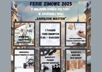 beżowo-szara grafika dotyczy Ferii zimowych z MDK Ratusz, które organizujemy od 17 do 21 lutego