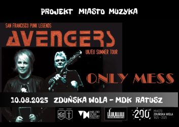 czarny plakat z czerwonymi literami i postaciami z gitarami, to skład amerykańskiego zespołu Avengers