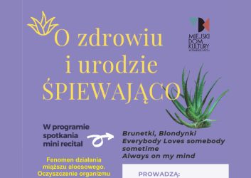 fioletowe tło plakatu z żółtymi napisami, zaproszenie na spotkanie z aloesem w roli głównej w filii MDK os. Karsznice, 21 marca godzina 17.00