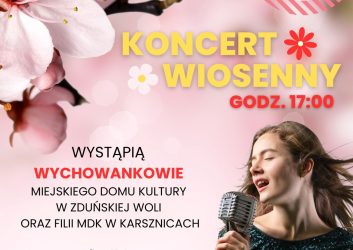 grafika dotyczy Koncertu Wiosennego z udziałem wokalistów i tancerzy MDK, różowe tło, a na nim wokalistka z mikrofonem