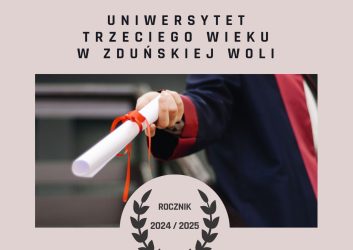 beżowe tło plakatu który informuje o zakończeniu semestru UTW, 2 czerwca o godzinie 16.00