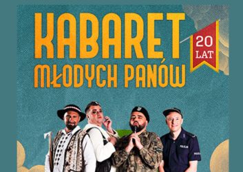 niebieskie tło z żółtymi napisami, 4 mężczyzn na zdjęciu, to Kabaret Młodych Panów