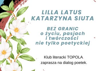 grafika w białym kolorze, a na niej turkusowe napisy i kwiaty, to zaproszenie na spotkanie poetyckie do Kawiarni Literackiej 3 kwietnia o 17.30