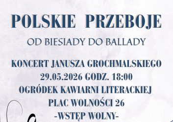 Polskie przeboje - piosenki Czerwonych Gitar, Skaldów, Andrzeja Zauchy i wielu innych wykonawców będzie można usłyszeć już 29.05.2026 w naszym kawiarnianym ogródku w wykonaniu Pana Janusza Grochmalskiego. Pan Janusz pochodzi ze Zduńskiej Woli. Muzyką zajmuje się amatorsko, ale daje mu ona ogromną radość Powspominajmy wspólnie największe polskie przeboje! Wstęp wolny, do zobaczenia