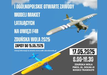 plakat niebiesko szary na nim zdjęcie dwóch samolotów, białego i żółtego, to zaproszenie do udziału w Ogólnopolskich Zawodach Modelarskich