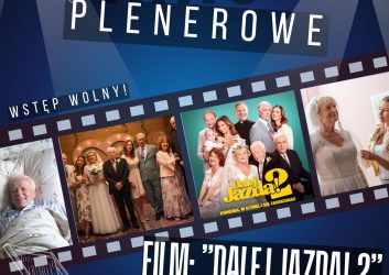 niebieska grafika z białymi napisami, to zaproszenie na kino plenerowe i film Dalej jazda, 14 sierpnia, godz. 20.30 osiedle nowe miasto, wstęp wolny