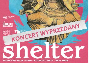 różowy plakat na nim postać buddy i białe napisy, to zapowiedź koncertu zespołu Shelter, który wystąpi 14 czerwca o godz. 19.00 w MDK Ratusz