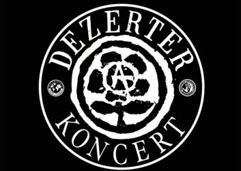czarne tło, na nim białe koło z literami w środku, to logo zespołu dezerter, który zagra 31 stycznia w MDK Ratusz