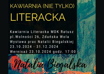 plakat zaprasza na wystawę plakatów filmowych Natalii Biegalskiej, wernisaż zaplanowany jest 23 października o godzinie 17.00 w Kawiarni Literackiej