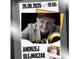 szary plakat z żółtymi wstawkami na nim mężczyzna w kapeluszu, to zaproszenie na koncert Andrzeja Olejniczaka, który odbędzie się 26 września o godzinie 19.00