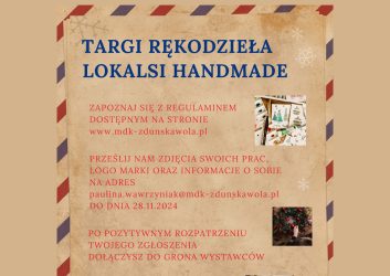 plakat dotyczy targów rękodzieła Lokalsi Handmade, jakie odbędą się w MDK Ratusz 14 grudnia