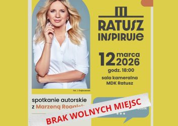 żółta grafika na niej zdjęcie znanej prezenterki Marzeny Rogalskiej, która spotka się z mieszkańcami Zduńskiej Woli 12 marca o godz. 18.00,