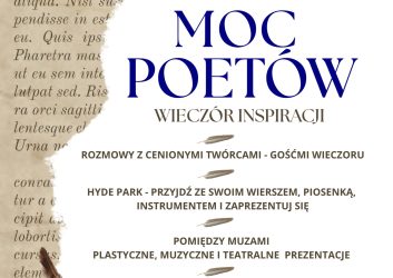 biały plakat z granatowym napisem Moc Poetów, to wydarzenie które łączy literaturę, muzykę, sztuki plastyczne i teatr. Zapraszamy 5 września od godz. 19.00 do 24.00