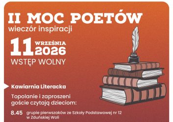 pomarańczowo czerwony plakat dotyczy drugiej mocy poetów, spotkania poetyckiego, które odbędzie się 11 września
