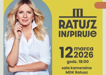 żółta grafika na niej zdjęcie znanej prezenterki Marzeny Rogalskiej, która spotka się z mieszkańcami Zduńskiej Woli 12 marca o godz. 18.00, bilety do nabycia w kasie i online