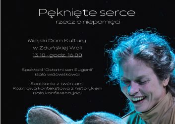 twarz kobiety na czarnym tle , to zapowiedź spektaklu Pęknięte serce dla słuchaczy UTW, 13 października, godzina 16.00