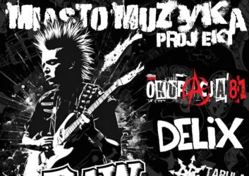 Czarny plakat, białe i czerwone napisy, na tle gitarzysta z irokezem na głowie, plakat zaprasza na koncert w ramach projektu Miasto Muzyka 8 lutego, wstęp wolny