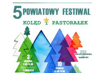 zdjęcie przedstawia 6 choinek w różnych rozmiarach i kolorach, grafika zaprasza na Festiwal Kolęd i Pastorałek