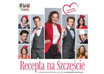 białe tło plakatu na na nim postaci, to aktorzy którzy wystąpią w spektaklu Recepta na szczęście