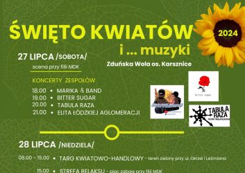 grafika dotyczy Święta Kwiatów, imprezy plenerowej, która odbędzie się 27-28 lipca na os. Karsznice. Grafika przedstawia kwiaty słoneczniki na zielonym tle.