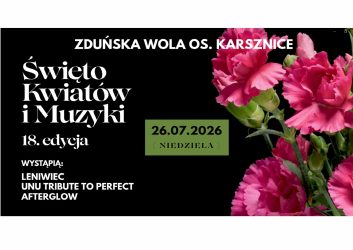czarna grafika, na niej różwe kwiaty i białe napisy, to zaproszenie na Święto Kwiatów które odbędzie się 26 lipca na os. Karsznice