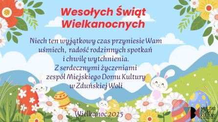 kartka z życzeniami świątecznymi, niebieskie tło, a na nim zielona łąka, zajączki, kwiaty i błękitne niebo