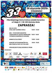 granatowy plakat, napisy, na plakacie jest cały rozkład wydarzeń jakie zaplanowane są w Zduńskiej Woli i Karsznicach w rama 33 Finału WOŚP 26 stycznia w niedzielę. Szczególnie zapraszamy na os. Karsznice. Poniżej rozkład : Osiedle Karsznice 26 stycznia – niedziela Kwesta Uliczna godz. 9.00-13.00 Sala widowiskowa MDK os. Karsznice, ul. 1 Maja 5-7: Gra w Lotki godz. 10.00-15.00 Gra STAR WARS UNLIMITED godz. 10.00-15.00 Animacje Dla Dzieci godz. 10.00-15.00 Koncert Wychowanków Filii MDK przeplatany licytacjami godz. 16.00-19.00