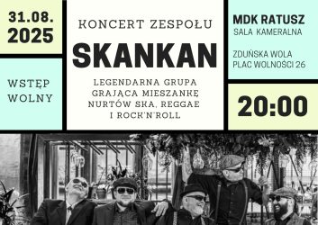 plakat zaprasza na koncert zespołu Skankan, który odbędzie się 31 sierpnia o godzinie 20.00