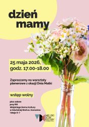 Zbliża się jeden z najpiękniejszych dni w roku – Dzień Matki! Z tej okazji mamy dla Was propozycję na wspólne, kreatywne i pełne miłości popołudnie. Zapraszamy wszystkie dzieci wraz z rodzicami na warsztaty plenerowe, podczas których wspólnie stworzymy niepowtarzalne, własnoręcznie robione laurki dla ukochanych mam! Laurek kupionych w sklepie jest mnóstwo, ale nic nie dorówna prezentowi zrobionemu prosto z serca. Pod okiem instruktorów najmłodsi (z małą pomocą tatusiów lub samych mam) zamienią się w prawdziwych artystów. Na warsztaty plenerowe z okazji Dnia Mamy zapraszamy 25 maja (poniedziałek) o godz. 17.00, plac zabaw przy Filii Miejskiego Domu Kultury os. Karsznice. Zapewniamy wszystkie niezbędne materiały – kolorowe papiery, wstążki, naklejki, brokaty i masę innych ozdób. Każde dziecko wyjdzie z warsztatów z piękną, unikalną laurką dla swojej mamy. To będzie radosne popołudnie pełne kolorów, uśmiechu, muzyki i dobrej zabawy na świeżym powietrzu. Udział w warsztatach jest bezpłatny. Nie musisz nic ze sobą zabierać – przynieś jedynie dobry humor i głowę pełną pomysłów! Przyjdź, spędź z nami ten czas i podaruj mamie najpiękniejszy prezent – wspólnie spędzone chwile oraz podarunek prosto z dziecięcego serca. Do zobaczenia na placu zabaw!