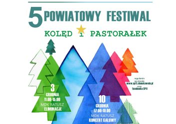 zdjęcie przedstawia kolorowe choinki na białym tle, plakat informuje o Festiwalu Kolęd i Pastorałek, który odbędzie się 3 grudnia -przesłuchania, 10 grudnia - gala