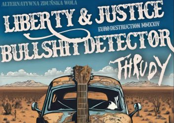 grafika zaprasza na koncert alternatywny w dniu 13 października, przedstawia stary samochód i gitarę na pustyni