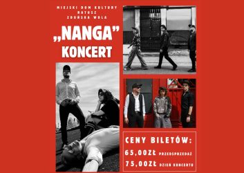 Czerwony plakat a na nim postaci muzyków. Czarno-białe fotografie