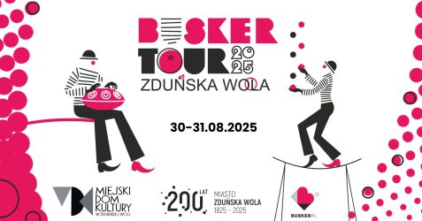 białe tło na nim czarne i różowe litery które informują o festiwalu ulicznym Busker Tour 30-31 sierpnia