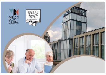grafika przedstawia budynek Ratusza i trzech seniorów, grafika zaprasza na inaugurację roku akademickiego Uniwersytetu Trzeciego Wieku