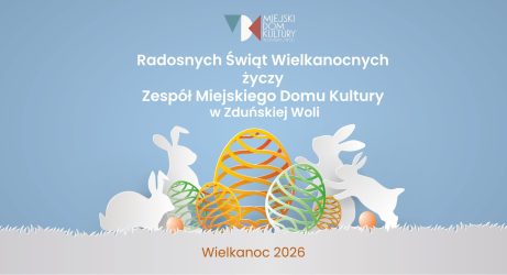 niebieska grafika, na niej zajączki białe i kolorowe pisanki, symbol Wielkanocy