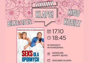 jasno różowy plakat zaprasza na kino Klaps dla Kobiet 17 października, godzina 18.45