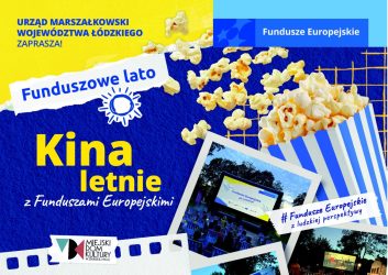 kolorowa grafika, niebiesko-żółto-biała dotyczy kina plenerowego w filii MDk os. Karsznice 22 sierpnia o godz. 20.30