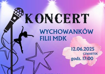 fioletowe tło plakatu, na nim czarne i niebieskie napisy, to zaproszenie na koncert wychowanków Filii MDK os. Karsznice