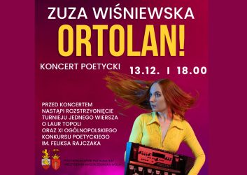 bordowe tło, a na nim kobieta w żółtej bluzce o rudych włosach do ramion