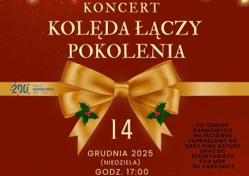 bordowa grafika na nim złota kokarda, plakat zaprasza na koncert świąteczny 14 grudnia w filii MDK os. Karsznice